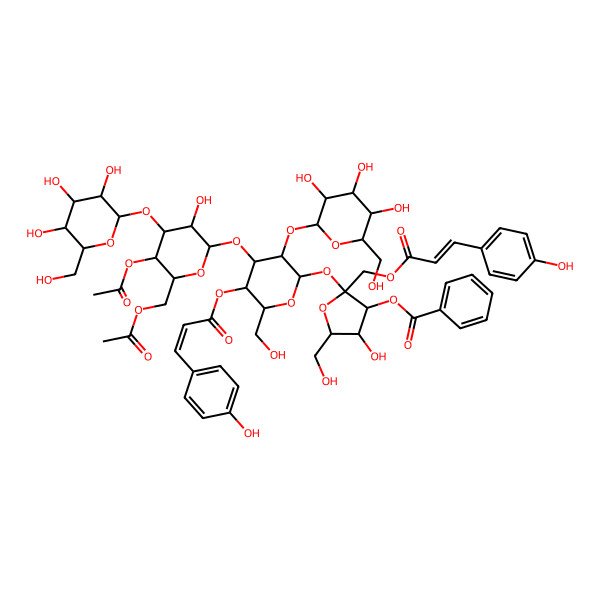 2D Structure of [(2S,3S,4R,5R)-2-[(2R,3R,4S,5R,6R)-4-[(2R,3R,4R,5R,6R)-5-acetyloxy-6-(acetyloxymethyl)-3-hydroxy-4-[(2R,3R,4S,5S,6R)-3,4,5-trihydroxy-6-(hydroxymethyl)oxan-2-yl]oxyoxan-2-yl]oxy-6-(hydroxymethyl)-5-[(E)-3-(4-hydroxyphenyl)prop-2-enoyl]oxy-3-[(2S,3R,4S,5S,6R)-3,4,5-trihydroxy-6-(hydroxymethyl)oxan-2-yl]oxyoxan-2-yl]oxy-4-hydroxy-5-(hydroxymethyl)-2-[[(E)-3-(4-hydroxyphenyl)prop-2-enoyl]oxymethyl]oxolan-3-yl] benzoate