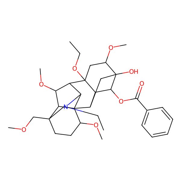 2D Structure of [(1S,2R,3R,4R,5S,6S,8R,9R,10R,13S,16S,17R,18R)-8-ethoxy-11-ethyl-5-hydroxy-6,16,18-trimethoxy-13-(methoxymethyl)-11-azahexacyclo[7.7.2.12,5.01,10.03,8.013,17]nonadecan-4-yl] benzoate