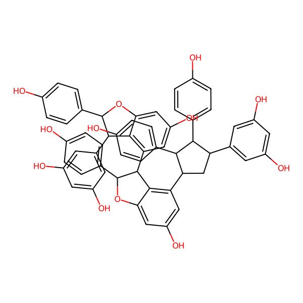 2D Structure of 5-[(1S,2R,3R,4R)-4-[(2S,3S)-3-[(2R,3R)-3-(3,5-dihydroxyphenyl)-6-hydroxy-2-(4-hydroxyphenyl)-2,3-dihydro-1-benzofuran-4-yl]-6-hydroxy-2-(4-hydroxyphenyl)-2,3-dihydro-1-benzofuran-4-yl]-2,3-bis(4-hydroxyphenyl)cyclopentyl]benzene-1,3-diol