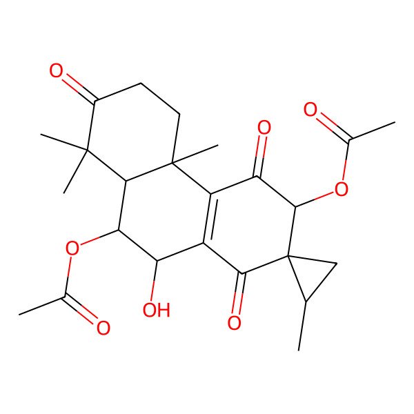 2D Structure of (3-Acetyloxy-10-hydroxy-2',4b,8,8-tetramethyl-1,4,7-trioxospiro[3,5,6,8a,9,10-hexahydrophenanthrene-2,1'-cyclopropane]-9-yl) acetate