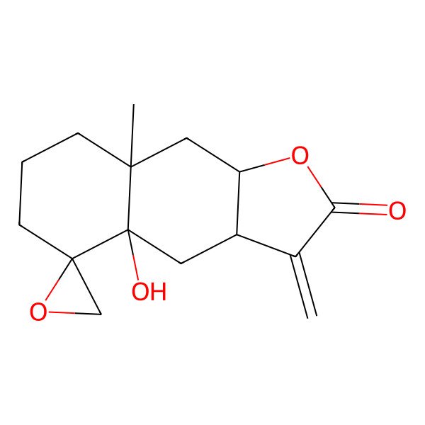 2D Structure of (3aR,4aS,5S,8aR,9aR)-4a-hydroxy-8a-methyl-3-methylidenespiro[4,6,7,8,9,9a-hexahydro-3aH-benzo[f][1]benzofuran-5,2'-oxirane]-2-one