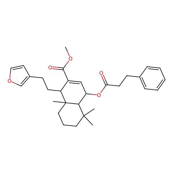 2D Structure of methyl (1R,4R,4aS,8aR)-1-[2-(furan-3-yl)ethyl]-5,5,8a-trimethyl-4-(3-phenylpropanoyloxy)-1,4,4a,6,7,8-hexahydronaphthalene-2-carboxylate