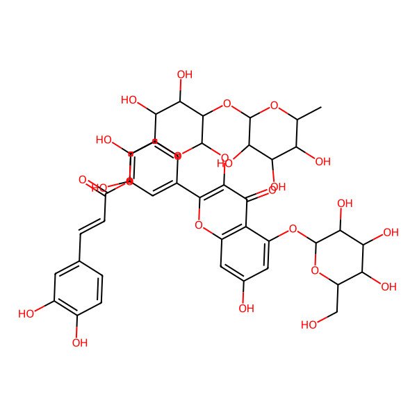 2D Structure of [(2R,3S,4S,5R,6S)-6-[2-(3,4-dihydroxyphenyl)-7-hydroxy-4-oxo-5-[(2S,3R,4S,5S,6R)-3,4,5-trihydroxy-6-(hydroxymethyl)oxan-2-yl]oxychromen-3-yl]oxy-3,4-dihydroxy-5-[(2S,3R,4R,5R,6S)-3,4,5-trihydroxy-6-methyloxan-2-yl]oxyoxan-2-yl]methyl (E)-3-(3,4-dihydroxyphenyl)prop-2-enoate