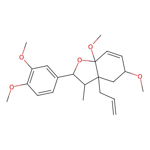 2D Structure of (2R,3S,3aR,5R,7aS)-2-(3,4-dimethoxyphenyl)-5,7a-dimethoxy-3-methyl-3a-prop-2-enyl-2,3,4,5-tetrahydro-1-benzofuran 2D Structure of (2R,3S,3aR,5R,7aS)-2-(3,4-dimethoxyphenyl)-5,7a-dimethoxy-3-methyl-3a-prop-2-enyl-2,3,4,5-tetrahydro-1-benzofuran