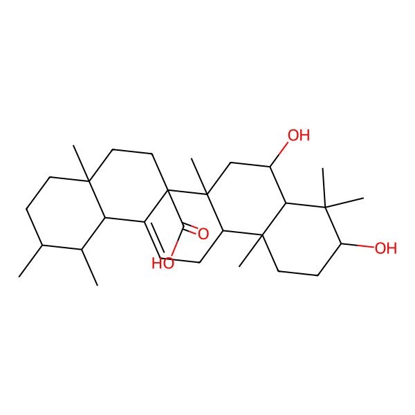 2D Structure of (1S,2R,4aR,6aR,6aR,6bR,8R,8aR,10S,12aR,14bR)-8,10-dihydroxy-1,2,4a,6b,9,9,12a-heptamethyl-2,3,4,5,6,6a,7,8,8a,10,11,12,13,14b-tetradecahydro-1H-picene-6a-carboxylic acid