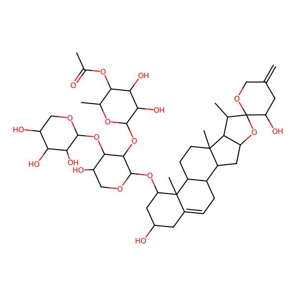 2D Structure of [(2S,3R,4S,5R,6S)-6-[(2S,3R,4S,5S)-2-[(1S,2S,3'S,4S,6S,7S,8R,9S,12S,13R,14R,16R)-3',16-dihydroxy-7,9,13-trimethyl-5'-methylidenespiro[5-oxapentacyclo[10.8.0.02,9.04,8.013,18]icos-18-ene-6,2'-oxane]-14-yl]oxy-5-hydroxy-4-[(2S,3R,4S,5R)-3,4,5-trihydroxyoxan-2-yl]oxyoxan-3-yl]oxy-4,5-dihydroxy-2-methyloxan-3-yl] acetate