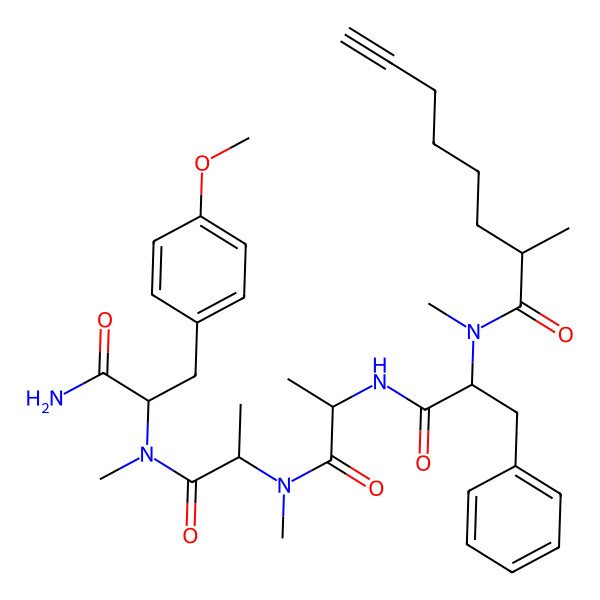 2D Structure of N-[1-[[1-[[1-[[1-amino-3-(4-methoxyphenyl)-1-oxopropan-2-yl]-methylamino]-1-oxopropan-2-yl]-methylamino]-1-oxopropan-2-yl]amino]-1-oxo-3-phenylpropan-2-yl]-N,2-dimethyloct-7-ynamide