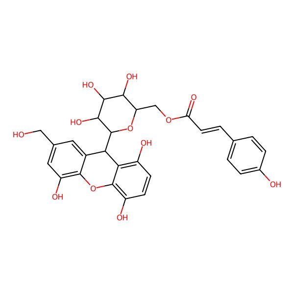 2D Structure of [(2R,3S,4R,5R,6R)-3,4,5-trihydroxy-6-[(9S)-1,4,5-trihydroxy-7-(hydroxymethyl)-9H-xanthen-9-yl]oxan-2-yl]methyl (E)-3-(4-hydroxyphenyl)prop-2-enoate