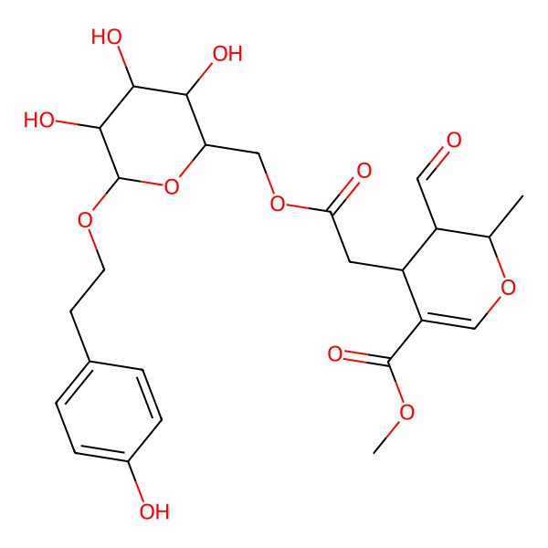 2D Structure of methyl 3-formyl-2-methyl-4-[2-oxo-2-[[3,4,5-trihydroxy-6-[2-(4-hydroxyphenyl)ethoxy]oxan-2-yl]methoxy]ethyl]-3,4-dihydro-2H-pyran-5-carboxylate