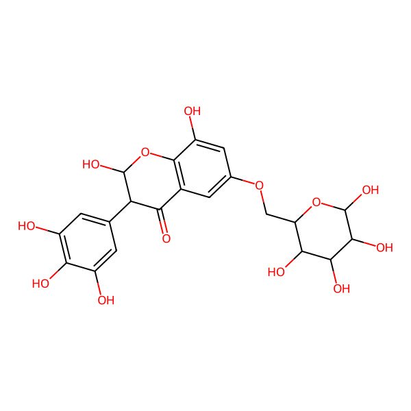 2D Structure of (2R,3R)-2,8-dihydroxy-6-[[(2R,3S,4S,5R,6R)-3,4,5,6-tetrahydroxyoxan-2-yl]methoxy]-3-(3,4,5-trihydroxyphenyl)-2,3-dihydrochromen-4-one