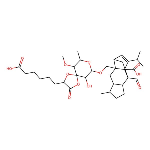 2D Structure of 2-[[2-(5-Carboxypentyl)-10-hydroxy-6-methoxy-7-methyl-3-oxo-1,4,8-trioxaspiro[4.5]decan-9-yl]oxymethyl]-9-formyl-5-methyl-13-propan-2-yltetracyclo[7.4.0.02,11.04,8]tridec-12-ene-1-carboxylic acid