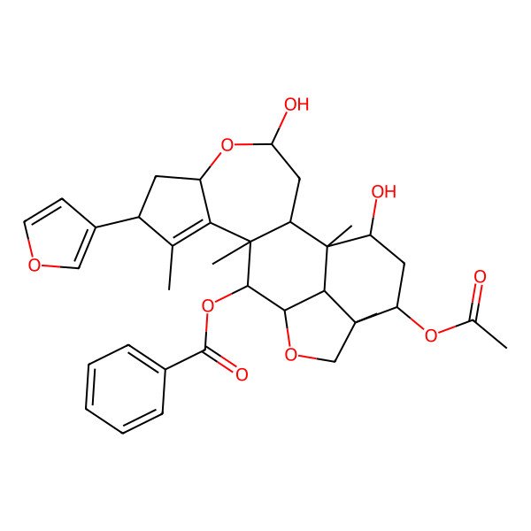 2D Structure of [(1R,2R,4R,6S,8R,11R,12S,13R,16R,17R,19S,20R)-17-acetyloxy-8-(furan-3-yl)-4,19-dihydroxy-1,9,11,16-tetramethyl-5,14-dioxapentacyclo[11.6.1.02,11.06,10.016,20]icos-9-en-12-yl] benzoate