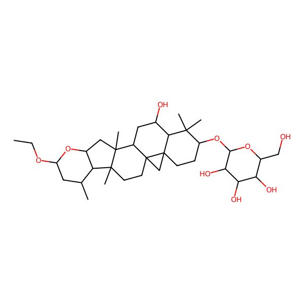 2D Structure of (2R,3R,4S,5S,6R)-2-[[(1S,4R,5R,6R,8R,10S,12S,13S,15S,16R,18S,21R)-8-ethoxy-15-hydroxy-4,6,12,17,17-pentamethyl-9-oxahexacyclo[11.9.0.01,21.04,12.05,10.016,21]docosan-18-yl]oxy]-6-(hydroxymethyl)oxane-3,4,5-triol