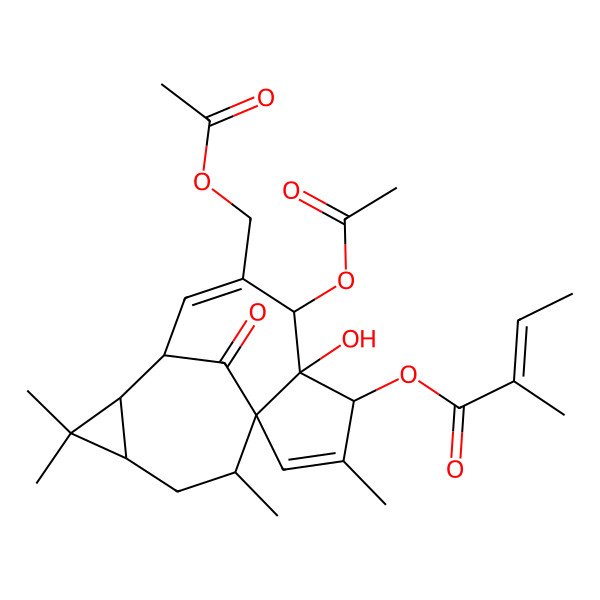 2D Structure of [(1S,4S,5R,6R,9S,10R,12R,14R)-6-acetyloxy-7-(acetyloxymethyl)-5-hydroxy-3,11,11,14-tetramethyl-15-oxo-4-tetracyclo[7.5.1.01,5.010,12]pentadeca-2,7-dienyl] (Z)-2-methylbut-2-enoate