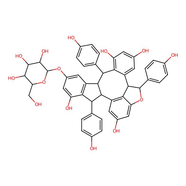 2D Structure of (2R,3R,10S,11S,18S,19S)-3,11,19-tris(4-hydroxyphenyl)-7-[(2S,3R,4S,5S,6R)-3,4,5-trihydroxy-6-(hydroxymethyl)oxan-2-yl]oxy-20-oxahexacyclo[16.6.1.02,10.04,9.012,17.021,25]pentacosa-1(25),4(9),5,7,12(17),13,15,21,23-nonaene-5,13,15,23-tetrol