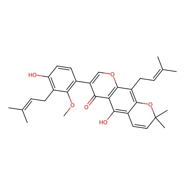 2D Structure of 5-Hydroxy-7-[4-hydroxy-2-methoxy-3-(3-methylbut-2-enyl)phenyl]-2,2-dimethyl-10-(3-methylbut-2-enyl)pyrano[3,2-g]chromen-6-one