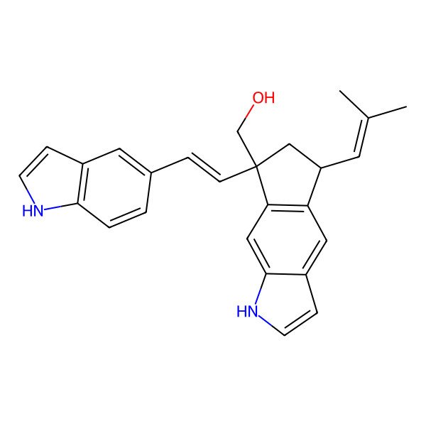 2D Structure of [(5R,7S)-7-[(E)-2-(1H-indol-5-yl)ethenyl]-5-(2-methylprop-1-enyl)-5,6-dihydro-1H-cyclopenta[f]indol-7-yl]methanol