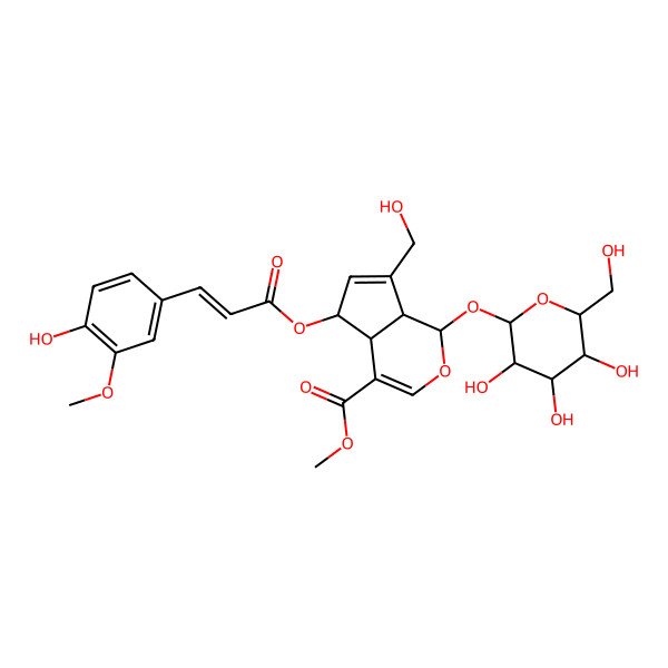 2D Structure of Methyl 5-[3-(4-hydroxy-3-methoxyphenyl)prop-2-enoyloxy]-7-(hydroxymethyl)-1-[3,4,5-trihydroxy-6-(hydroxymethyl)oxan-2-yl]oxy-1,4a,5,7a-tetrahydrocyclopenta[c]pyran-4-carboxylate