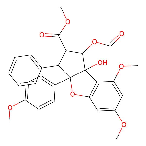 2D Structure of methyl 1-formyloxy-8b-hydroxy-6,8-dimethoxy-3a-(4-methoxyphenyl)-3-phenyl-2,3-dihydro-1H-cyclopenta[b][1]benzofuran-2-carboxylate