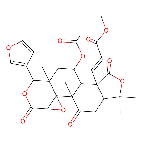 2D Structure of Methyl 3-[10-acetyloxy-7-(furan-3-yl)-1,8,15,15-tetramethyl-5,13,18-trioxo-3,6,14-trioxapentacyclo[9.7.0.02,4.02,8.012,16]octadecan-12-yl]prop-2-enoate