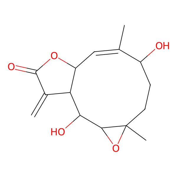 2D Structure of (1S,2R,3R,5R,8S,9E,11S)-2,8-dihydroxy-5,9-dimethyl-14-methylidene-4,12-dioxatricyclo[9.3.0.03,5]tetradec-9-en-13-one