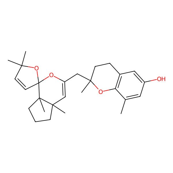2D Structure of (2S)-2-[[(1S,4aR,7aR)-4a,5',5',7a-tetramethylspiro[6,7-dihydro-5H-cyclopenta[c]pyran-1,2'-furan]-3-yl]methyl]-2,8-dimethyl-3,4-dihydrochromen-6-ol