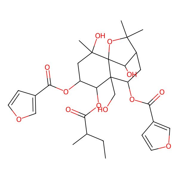 2D Structure of [(1S,2S,4S,5R,6R,7S,9R,12R)-4-(furan-3-carbonyloxy)-2,12-dihydroxy-6-(hydroxymethyl)-2,10,10-trimethyl-5-[(2R)-2-methylbutanoyl]oxy-11-oxatricyclo[7.2.1.01,6]dodecan-7-yl] furan-3-carboxylate