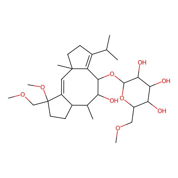 2D Structure of 2-[[9-Hydroxy-14-methoxy-14-(methoxymethyl)-3,10-dimethyl-6-propan-2-yl-8-tricyclo[9.3.0.03,7]tetradeca-1,6-dienyl]oxy]-6-(methoxymethyl)oxane-3,4,5-triol