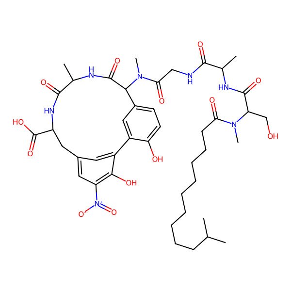 2D Structure of 3,18-Dihydroxy-14-[[2-[2-[[3-hydroxy-2-[methyl(11-methyldodecanoyl)amino]propanoyl]amino]propanoylamino]acetyl]-methylamino]-11-methyl-4-nitro-10,13-dioxo-9,12-diazatricyclo[13.3.1.12,6]icosa-1(18),2,4,6(20),15(19),16-hexaene-8-carboxylic acid