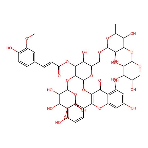 2D Structure of [2-[5,7-Dihydroxy-2-(4-hydroxyphenyl)-4-oxochromen-3-yl]oxy-6-[[3,5-dihydroxy-6-methyl-4-(3,4,5-trihydroxyoxan-2-yl)oxyoxan-2-yl]oxymethyl]-5-hydroxy-3-(3,4,5,6-tetrahydroxyoxan-2-yl)oxyoxan-4-yl] 3-(4-hydroxy-3-methoxyphenyl)prop-2-enoate