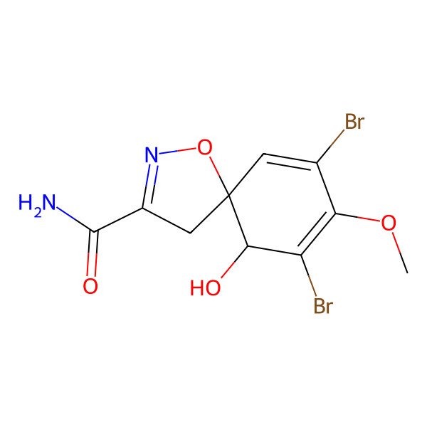 2D Structure of 7,9-Dibromo-6-hydroxy-8-methoxy-1-oxa-2-azaspiro[4.5]deca-2,7,9-triene-3-carboxamide