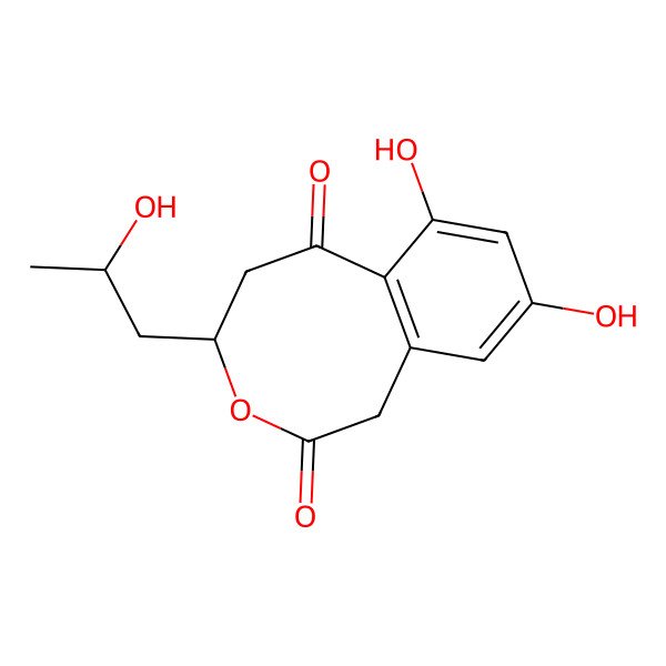 2D Structure of 7,9-dihydroxy-4-(2-hydroxypropyl)-4,5-dihydro-1H-3-benzoxocine-2,6-dione