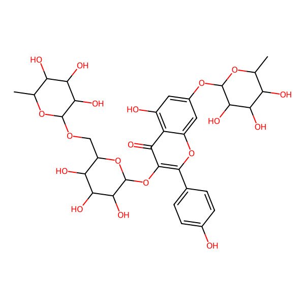 2D Structure of 5-hydroxy-2-(4-hydroxyphenyl)-7-[(2R,3S,4S,5S,6S)-3,4,5-trihydroxy-6-methyloxan-2-yl]oxy-3-[(2S,3R,4S,5S,6R)-3,4,5-trihydroxy-6-[[(2R,3R,4R,5R,6S)-3,4,5-trihydroxy-6-methyloxan-2-yl]oxymethyl]oxan-2-yl]oxychromen-4-one