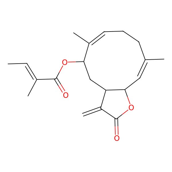 2D Structure of [(3aR,5S,6E,10E,11aR)-6,10-dimethyl-3-methylidene-2-oxo-3a,4,5,8,9,11a-hexahydrocyclodeca[b]furan-5-yl] (Z)-2-methylbut-2-enoate