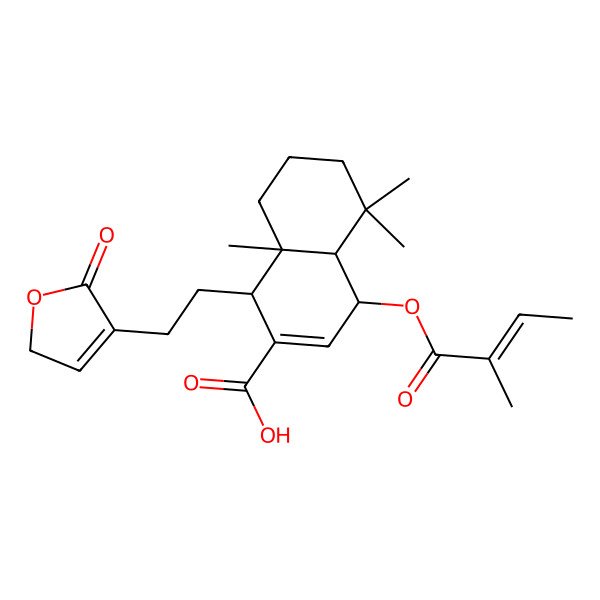 2D Structure of (1R,4R,4aS,8aR)-5,5,8a-trimethyl-4-[(Z)-2-methylbut-2-enoyl]oxy-1-[2-(5-oxo-2H-furan-4-yl)ethyl]-1,4,4a,6,7,8-hexahydronaphthalene-2-carboxylic acid