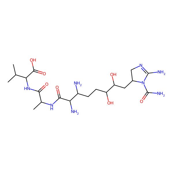 2D Structure of 2-[2-[[2,3-Diamino-8-(2-amino-3-carbamoyl-4,5-dihydroimidazol-4-yl)-6,7-dihydroxyoctanoyl]amino]propanoylamino]-3-methylbutanoic acid