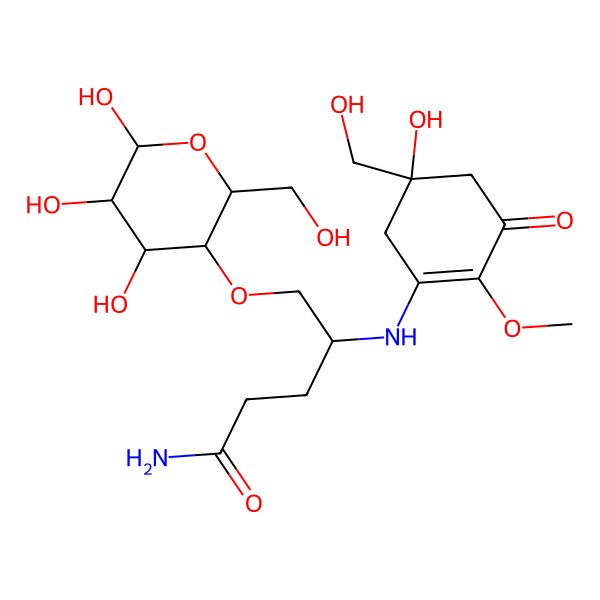 2D Structure of (4R)-4-[[(5R)-5-hydroxy-5-(hydroxymethyl)-2-methoxy-3-oxocyclohexen-1-yl]amino]-5-[(2R,3S,4R,5R,6S)-4,5,6-trihydroxy-2-(hydroxymethyl)oxan-3-yl]oxypentanamide