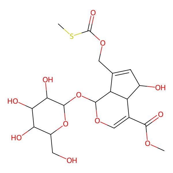 2D Structure of methyl (1S,4aR,5S,7aS)-5-hydroxy-7-(methylsulfanylcarbonyloxymethyl)-1-[(2S,3R,4R,5S,6S)-3,4,5-trihydroxy-6-(hydroxymethyl)oxan-2-yl]oxy-1,4a,5,7a-tetrahydrocyclopenta[c]pyran-4-carboxylate