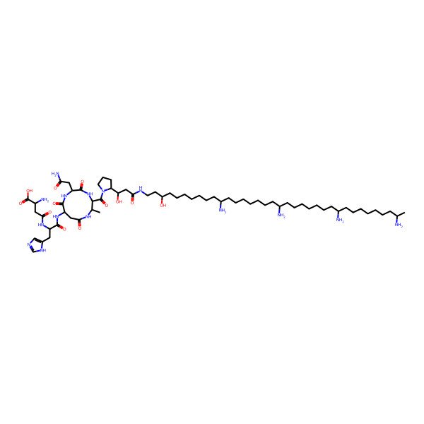 2D Structure of 2-amino-4-[[1-[[6-(2-amino-2-oxoethyl)-3-[2-[1-hydroxy-3-oxo-3-[(11,19,27,35-tetraamino-3-hydroxyhexatriacontyl)amino]propyl]pyrrolidine-1-carbonyl]-2-methyl-5,8,11-trioxo-1,4,7-triazacycloundec-9-yl]amino]-3-(1H-imidazol-5-yl)-1-oxopropan-2-yl]amino]-4-oxobutanoic acid