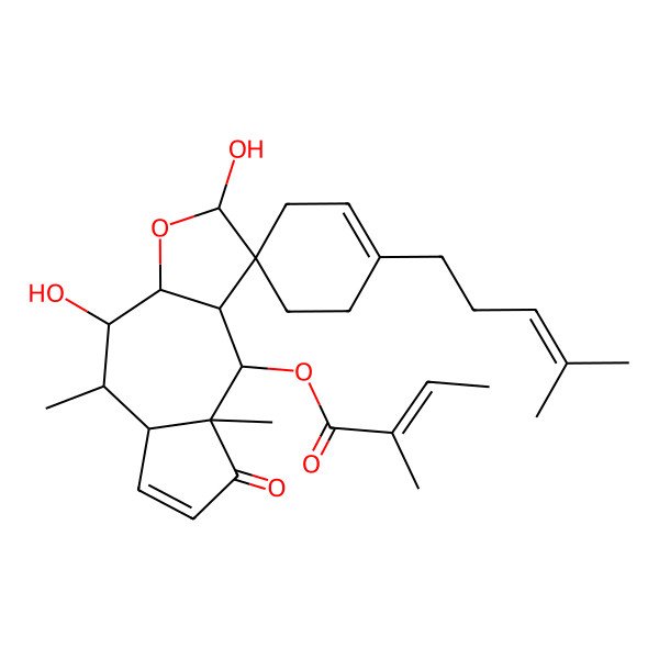 2D Structure of [2,4-dihydroxy-5,8a-dimethyl-1'-(4-methylpent-3-enyl)-8-oxospiro[3a,4,5,5a,9,9a-hexahydro-2H-azuleno[6,5-b]furan-1,4'-cyclohexene]-9-yl] 2-methylbut-2-enoate
