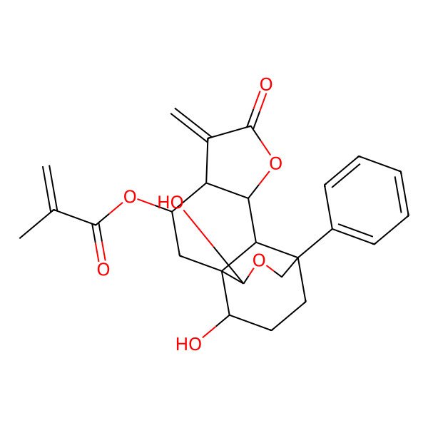 2D Structure of [(1S,3S,4R,8R,9S,10S,13R,14R)-13,14-dihydroxy-5-methylidene-6-oxo-10-phenyl-7,12-dioxatetracyclo[8.3.3.01,9.04,8]hexadecan-3-yl] 2-methylprop-2-enoate