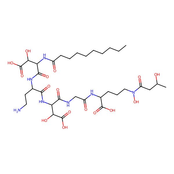 2D Structure of 2-[[2-[[2-[[4-Amino-2-[[3-carboxy-2-(decanoylamino)-3-hydroxypropanoyl]amino]butanoyl]amino]-3-carboxy-3-hydroxypropanoyl]amino]acetyl]amino]-5-[hydroxy(3-hydroxybutanoyl)amino]pentanoic acid