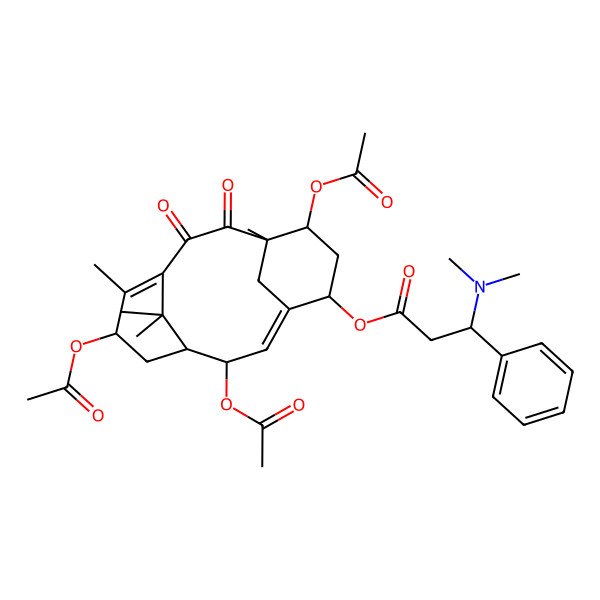 2D Structure of [(1R,2S,3Z,5S,7S,8S,13S)-2,7,13-triacetyloxy-8,12,15,15-tetramethyl-9,10-dioxo-5-tricyclo[9.3.1.14,8]hexadeca-3,11-dienyl] (3R)-3-(dimethylamino)-3-phenylpropanoate