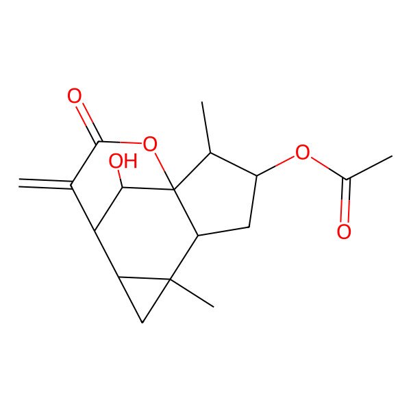 2D Structure of [(1R,2S,3S,5S,6R,8R,9S,13R)-13-hydroxy-2,6-dimethyl-10-methylidene-11-oxo-12-oxatetracyclo[7.3.1.01,5.06,8]tridecan-3-yl] acetate