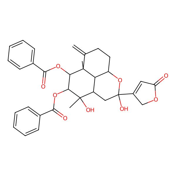 2D Structure of [(1R,3R,5R,6R,7S,8R,9R,13R)-8-benzoyloxy-3,6-dihydroxy-6,9-dimethyl-10-methylidene-3-(5-oxo-2H-furan-3-yl)-2-oxatricyclo[7.3.1.05,13]tridecan-7-yl] benzoate
