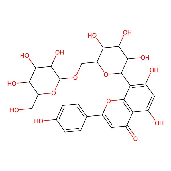 2D Structure of 5,7-dihydroxy-2-(4-hydroxyphenyl)-8-[(2S,3S,4R,5S,6R)-3,4,5-trihydroxy-6-[[(2R,3R,4S,5S,6R)-3,4,5-trihydroxy-6-(hydroxymethyl)oxan-2-yl]oxymethyl]oxan-2-yl]chromen-4-one