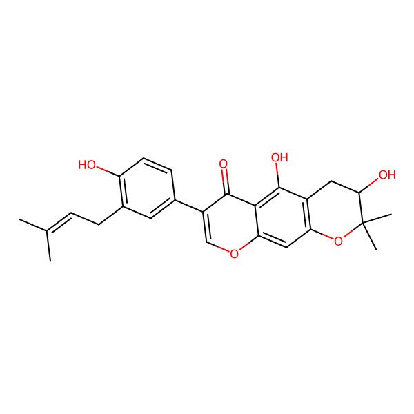 2D Structure of (3R)-3,5-dihydroxy-7-[4-hydroxy-3-(3-methylbut-2-enyl)phenyl]-2,2-dimethyl-3,4-dihydropyrano[3,2-g]chromen-6-one