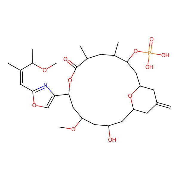 2D Structure of [(1R,3S,4S,6S,9S,11S,13R,15S)-13-hydroxy-11-methoxy-9-[2-[(E,3R)-3-methoxy-2-methylbut-1-enyl]-1,3-oxazol-4-yl]-4,6-dimethyl-17-methylidene-7-oxo-8,19-dioxabicyclo[13.3.1]nonadecan-3-yl] dihydrogen phosphate