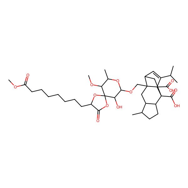 2D Structure of 2-[[10-Hydroxy-6-methoxy-2-(8-methoxy-8-oxooctyl)-7-methyl-3-oxo-1,4,8-trioxaspiro[4.5]decan-9-yl]oxymethyl]-5-methyl-13-propan-2-yltetracyclo[7.4.0.02,11.04,8]tridec-12-ene-1,9-dicarboxylic acid
