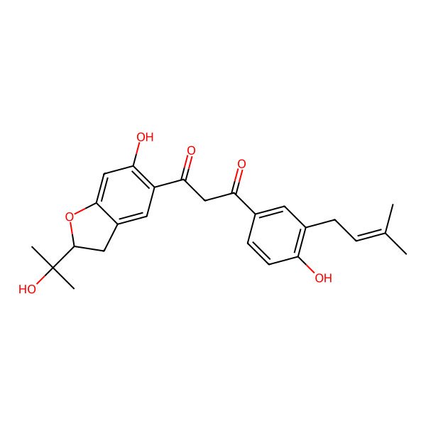 2D Structure of 1-[6-Hydroxy-2-(2-hydroxypropan-2-yl)-2,3-dihydro-1-benzofuran-5-yl]-3-[4-hydroxy-3-(3-methylbut-2-enyl)phenyl]propane-1,3-dione